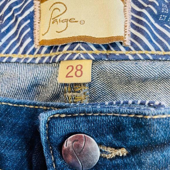 Paige Canyon Medium Dark Blue Wash Flare Leg Low Rise Denim Jeans W28 - Picture 7 of 14